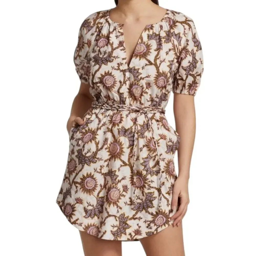 ALC Adelaide Sunflower Puff Sleeve Cotton T-Shirt Dress Cream Brown Size 6